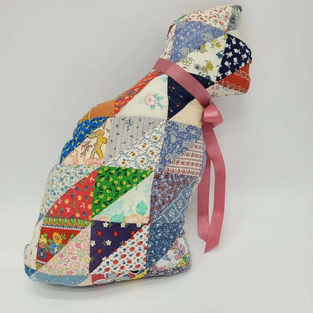 Vintage Patchwork Quilt Cat Pillow Pink Ribbon Cottage Granny Hand Crafted Decor